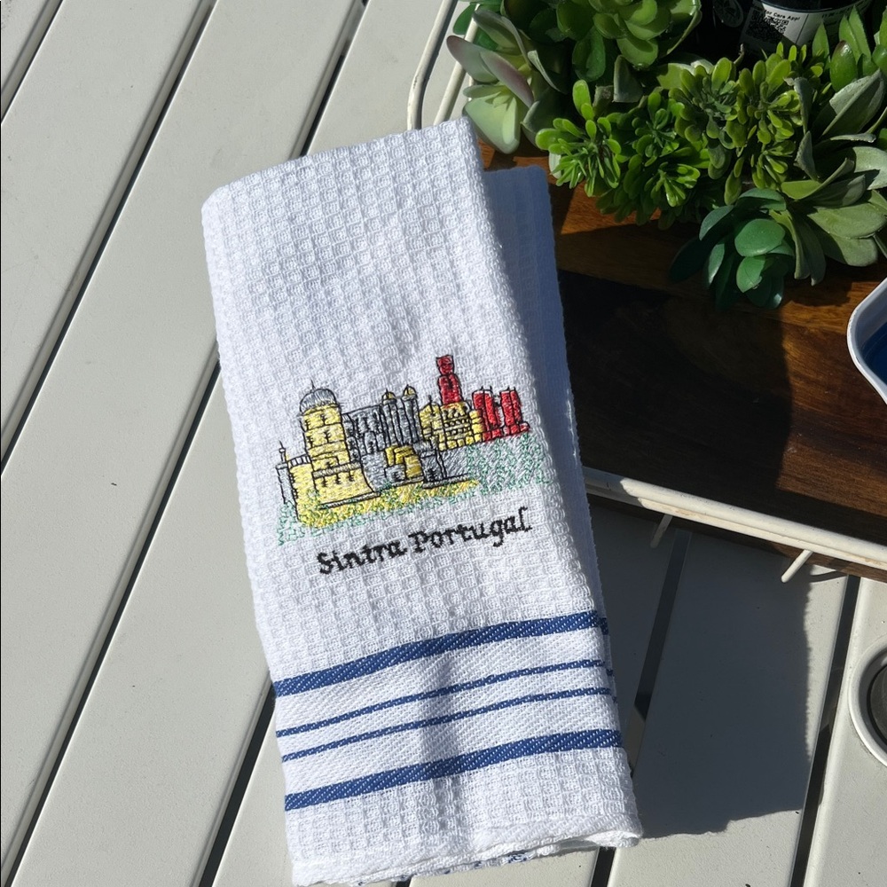 Sintra Portugal 100% Cotton souvenir Embroidered White and Blue Dish Hand Towel